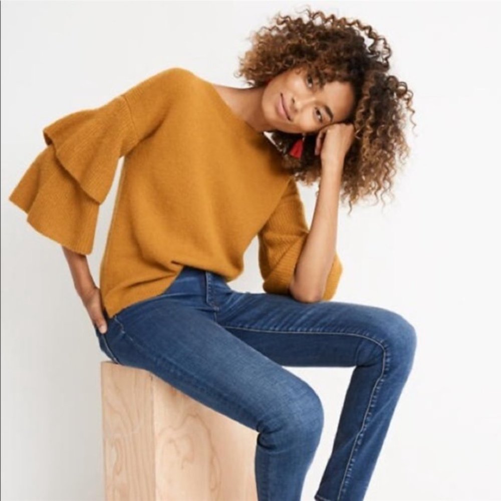 Madewell Women Mustard Pullover Sweater Double Tier Bell Sleeve Wool Blend XS